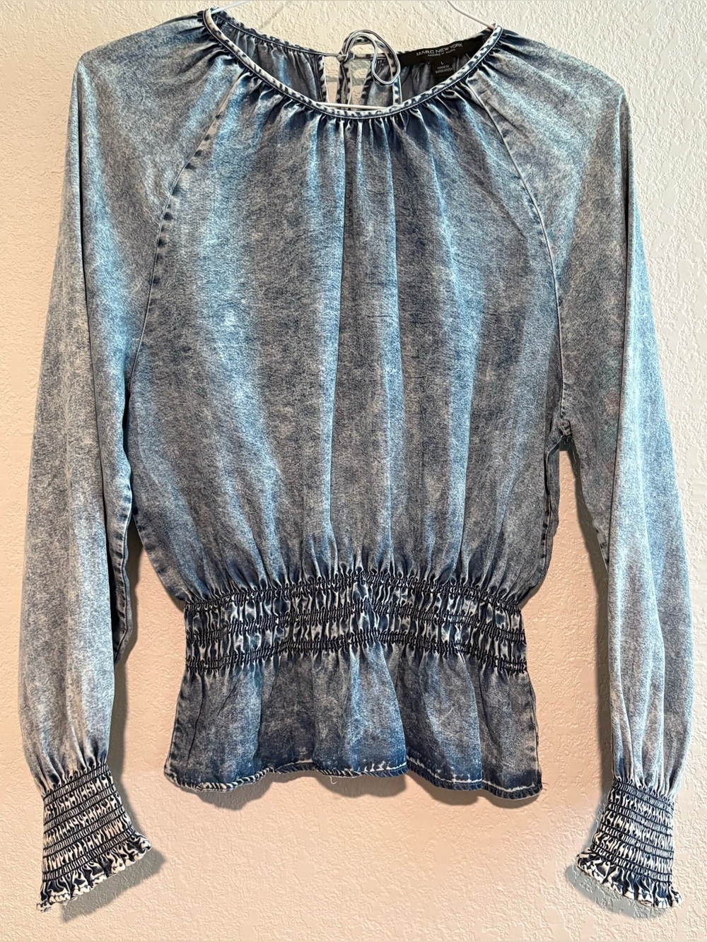 Marc NY Blue Smocked Waist Acid Wash Blouse
